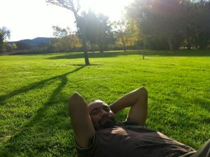 Relaxing on the grass in a park on our trip to California. I sure enjoyed the green grass and the trees with fall coloured leaves. This week we received news that Pedro was approved for a Canadian visitor visa!!! He's becoming quite the world traveler.